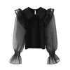 Kvinnakontrastblus Semi-Sheer Mesh Long Puff Sleeves Fashion Casual Chic Woman Blus Shirt Topps Femme Mujer Blusa 210709