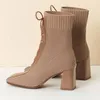New Fashion Women Martin boots Stitching Knitted Elastic Stockings Boots High-heeled Short Boot Square Toe Women's Shoes