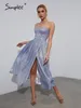 Strap Corset paljettfestklänning Elegant kvällslång klänning Kvinnor veckade delade blå vestidos sommarrör krusiduller klänningar 220511
