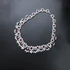 Chains Sterling Silver Natural Red Ruby Zircon Gem Flower Pendant Crystal Leaves Choker Statement Necklace Gorgeous Party JewelryChains Chai