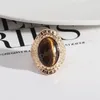 Retro Gold Oval Tigers Eye Stone Rings Fashion Inner Dia 1.7cm Gold Color Band Jewelry for Women Men