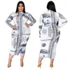 Платья плюс размеры zjfzml zz Женская одежда платье 2022 Money Dollar Print с длинным рукавом Bodycon Mid Colf Drop Wholesale