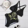 Sexy Schwarz Druck Bademode Frauen Vintage Einteiligen Badeanzug Weibliche Verband Monokini Tiefem V Strand Badeanzug Schwimmen Tragen