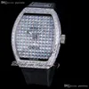 Vanguard v45 Miyota 8215 Автоматические мужские часы мощеного квадратного Diamond Dial Baguette Diamonds Безель белый липкий ремешок с ювелирными украшениями.