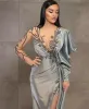 Sexy Silver Sheath Long Sleeves Evening Dresses Wear Illusion Crystal Beading High Side Split Floor Length Party Dress Prom Gowns