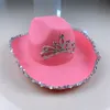 Casquettes à billes en feutre de laine Fedoras avec ornement scintillant, chapeau à large bord, chapeaux à paillettes, Style Cowgirl en rose, accessoires 7344658