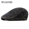 Wuaumx Casual Spring Summer Berets Hat Men Women Denim Newspaper Seller Caps Visors Cotton Cabbie Fishbone Cap Duck Mouth Climbing Cap Flat J220722