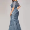 Grande taille Sequin maille sirène mince robe de soirée perlée feuilles motif femmes formelles élégantes robes de bal à manches courtes 220601