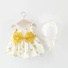 2PCS女の赤ちゃんのドレスチェリープリントボウノット装飾袖の夏の子供服セット1045 E3