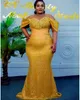 2022 Plus Size Arabic Aso Ebi Gold Mermaid Sparkly Prom Dresses Pärled Sexig kväll Formell Party Second Reception Birthday Engagement Gowns Dress ZJ366