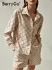 ベリーゴエレガントなショートSシルクシャツ女性ファッション長袖ポケットプリント2ピース夏のカジュアルワークサテンセット220706