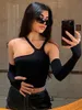 Side With Me Sexy Women T-shirts lange mouw crop tops zomer casual feestclub zwarte asymmetrische uitgesneden corset top vrouw met lange mouwen uit