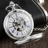 Pocket Watches Luxury Silver Roman Number Dial Watch Mechanical Watch With Chain Elegant Carving Hollow Skeleton Gifts setPocketPocket