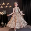 2023 Gold Crystal Flower Girls Dress Pageant Dresses Ball Gown Beaded blingbling Toddler Infant Clothes Little Kids princess Birthday Gowns