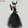 Speciale gelegenheden vermomming meisjes luxe zwarte duivel jurk Halloween kostuum Gothic Dark Evil Witch Queen Tutu -jurk met veren Cape Shawl 220826