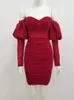 Kobiety Winter Fashion Sexy Off Ramię Z Długim Rękawem Burgundy Mini Bandaż Dress 2022 Elegancki wieczór Dress Vestidos 220317