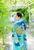 Vêtements ethniques japonais femme wapiti grande manche de vibration kimono robe formelle Tokyo Lady magnifique kimono standard vert bleu