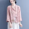 Ropa étnica Blusa de lino de algodón Mujeres Tradicional Bordado de flores Hanfu Tops Sueltos Diario Casual Dama Oriental Tang Traje Blusa Étnica