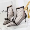 Laarzen Sandalen Dames Designer Koreaanse Versie Bow Dot Enkellaarzen Sexy Mesh Hollow Pointed High Heels Lady Shoes Fashion Boots 220401