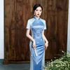 Chińska sukienka na imprezę Długą suknię Cheongsam Seksowną orientalną kobietę Blue Qipao azjatyckie eleganckie szczupłe ubrania dla kobiet