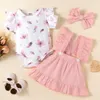 Klädset 0-24M Born Toddler Baby Girl Kläder Volang Vin Röd Topp Romper Blommönster Rem Kjol Klänning Outfit SetKläder