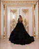 Black Sexy Mermaid Prom Dresses V Neck Hollow Long Sleeves Appliques Sequins Beads Lace Ruffles Train Side Slit Floor Length Party Gowns Plus Size Custom Made 418