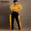 Cm.yaya mulheres dois 2 peças conjunto puxar manga longa backless colheita tops e ruffles calças retalhos laterais combinando roupas de corrida 220315