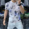 2022 Summer New Men's T-shirts Mercerized Cotton Full Thread Digital Print Design Personlig trend Kort ärm Runda hals Slim Blue Orange Tees M-4XL