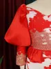 Casual Dresses Elegant Women Print Dress Red Puff Long Sleeve Peplum Slim Fit Pencil Vintage Big Size Party Event Birthday Gowns 3XL