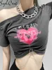 Sylcue été gris exposé épaule Oblique nombril tenue courte longue chaîne taille décoratif T-Shirt mode dames 220408