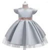 Girl Dresses Girl's S Grey Satin Kids Ball Gown Sequins Belt For Girls Christening Party Wedding Ceremonious Children's ClothesGirl's