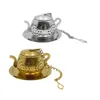 Teesieb-Werkzeuge, Teekannenform, für losen Tee, Edelstahl, Kräutergewürzfilter mit Kette, Abtropfschale KDJK2203