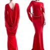 Sexy Open Back Red Evening Dresses For Women 2022 Spring Autumn Chic Ruched Long Sleeve Mermaid Prom Celebrity Party Gowns Floor Length Elegant Special Occasion Wear