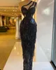 Lyxig svart sjöjungfru aftonklänningar pärlor Tassels festklänningar en axel kvinnor formell golvlängd robe de soriee