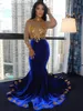 2022 Sexiga fantastiska höghalsade sjöjungfrun prom klänningar transparent spets långärmad applikationer spets kungblå aftonklänningar b05132687
