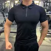 Män blixtlås Polo T-shirt Gym Running Training Fitness Bodybuilding Casual Sport Top Quality Elastic Short Sleeve Male Topps Tees L220704