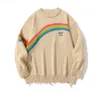 2021 Kpop Rainbow Letter Print Hole Ripped Oversized Men Jacquard Knitted Sweater Casual Women Pullovers Korean Fashion Clothing G22801