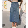 ZHISILAO High Waist Straight Denim Skirt Women Vintage Split Fork Blue Long Bodycon Pencil Jean Skirt 220701