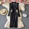 New fashion women's sexy v-neck long sleeve hollow out lace crochet floral high waist midi long pencil dress MLXL