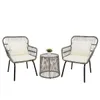 Muebles de comedor Bistro de conversación de mimbre de patio de 3 piezas con 2 sillas de vidrio Top Mesa Side Cushions Tan