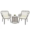 Dining Room Furniture 3-Piece Patio Wicker Conversation Bistro Set with 2 Chairs & Glass Top Side Table & Cushions Tan