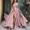 Party Dresses HENCHIRY Upgrade Women Fashion Elegant Deep V-Neck Long Sleeve Lace A-line Dress Split Hem Formal Evening Gown