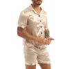 Moda Masculina Conjunto de Pijamas de Cetim Sedoso Cor Sólida Mangas Curtas Botões Tops com Cós Elástico Boxer Shorts Pijamas 220705