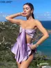 Purple Satin Womens Beach Suit med kjol 2 stycken Set Summer Sexy Outfits Strapless Crop Top och Mini Kjol Festival kläder 220527