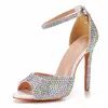 Luxurious Silver AB Crystal Party Prom Shoes Peep Toe Women Pumps Blingbling Rhinestone Bridal Dress Sandals Big Size 12 13