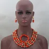 Kolczyki Naszyjnik Top Design 3 Rows Nigerian African Orange Coral Coral Kulki ślubne zestaw biżuterii