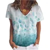 Women's T-Shirt 2022 Summer Floral Print T Shirt Women Short Sleeve Leaf Tops Casual V Neck Loose Shirts Blue Green Oversized Camisas Mujer
