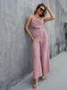 Glamaker Spaghetti strap swing collar 2 piece sets women Elegant high waist pocket wide leg pant Summer crop causal 220602