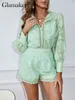 글래머 섹시 메쉬 투명한 투명 2 조각 세트 홀리데이 긴 슬리브 옷깃 레이스 셔츠와 높은 허리 쇼트 세트 우아한 녹색 여성 세트