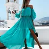 Yiiciovy Sexy Women Beach Chiffon Dress Bikini CoverUps Long Sleeve Ruffles Off Shoulder High Waist Split Sundress CoverUps 220527